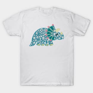 Vintage floral Triceratops Dinosaur on red background T-Shirt